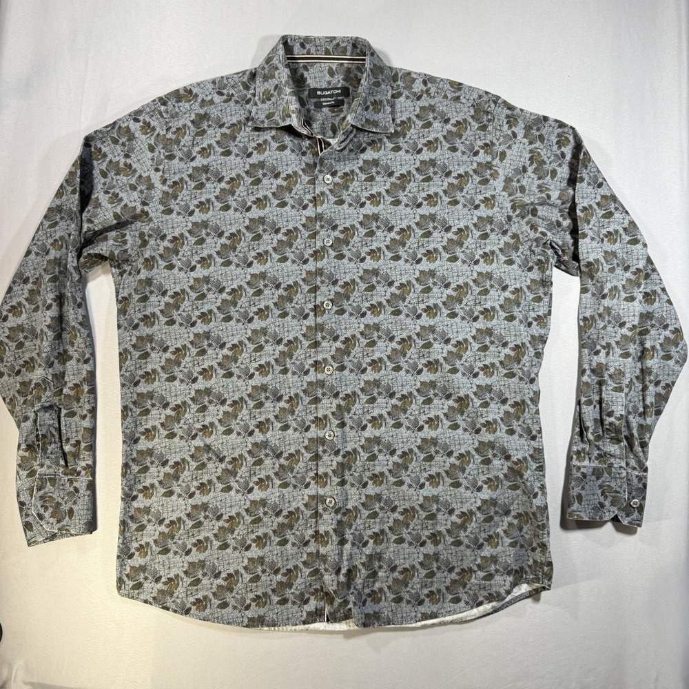 Bugatchi Mens Large Classic Fit Long Sleeve Button Down Shirt Leaf Print Gray
